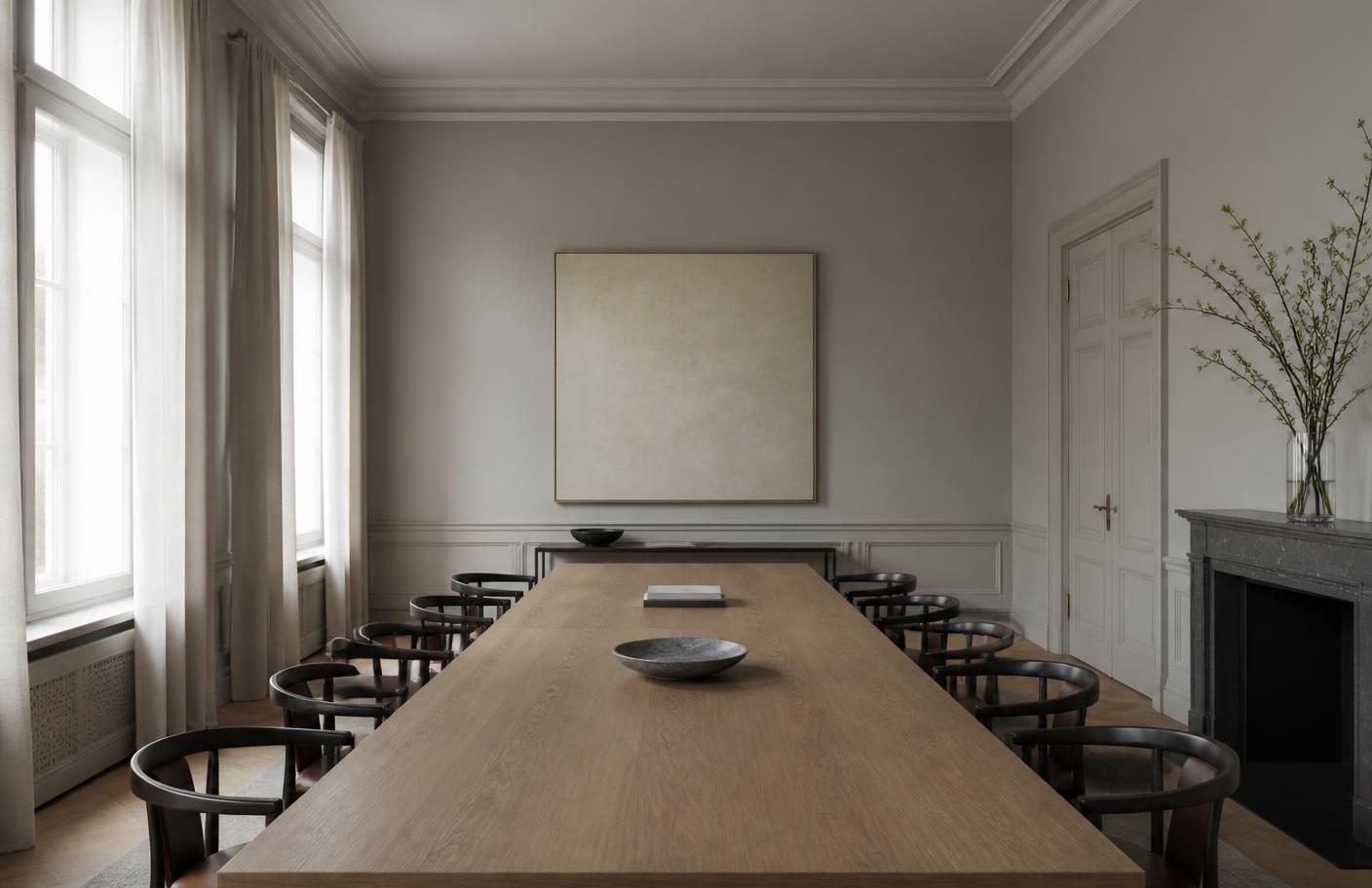 Salle de réunion épurée baignée de lumière naturelle