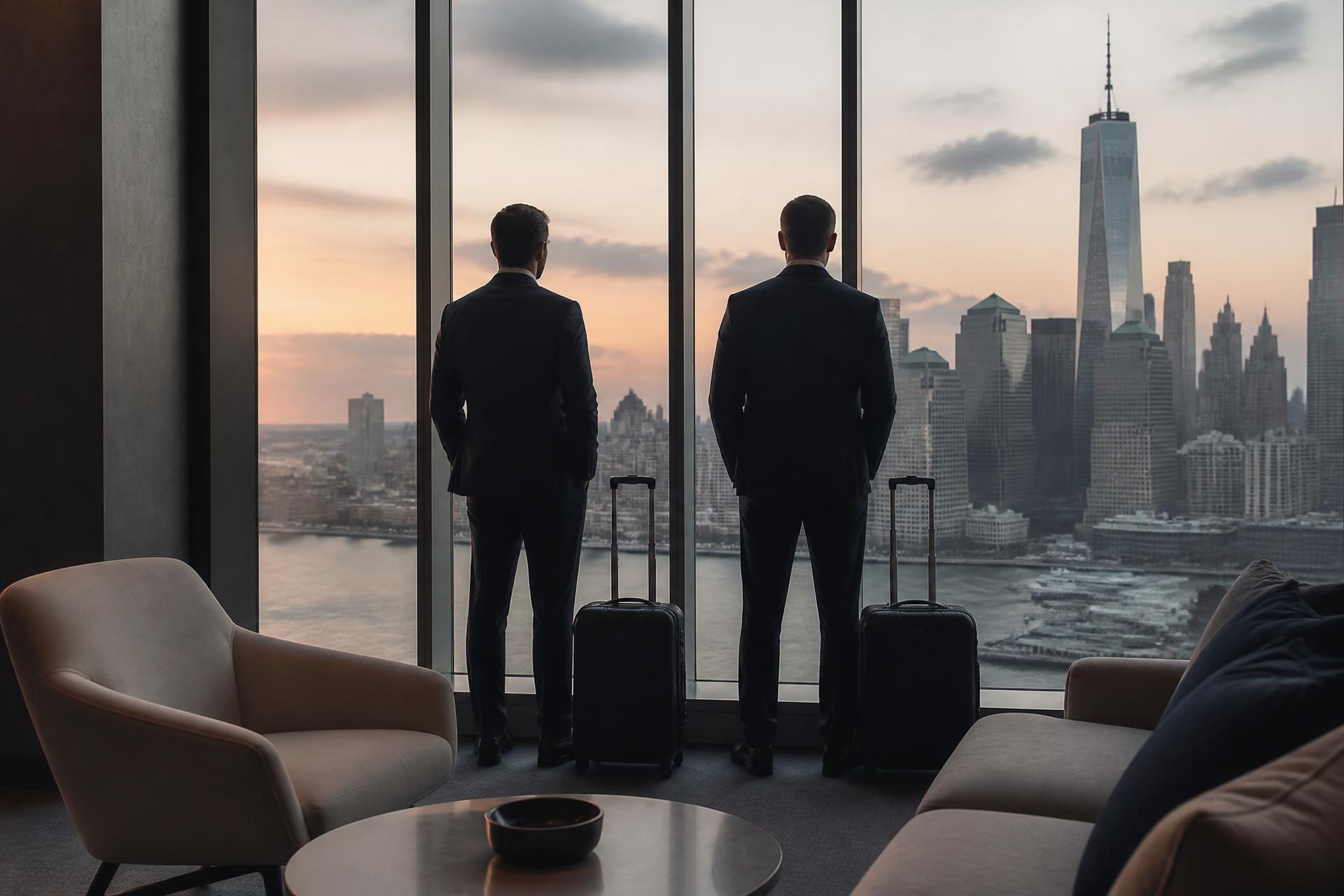 Deux entrepreneurs dans un salon d'aéroport privé face à une skyline américaine à l'aube